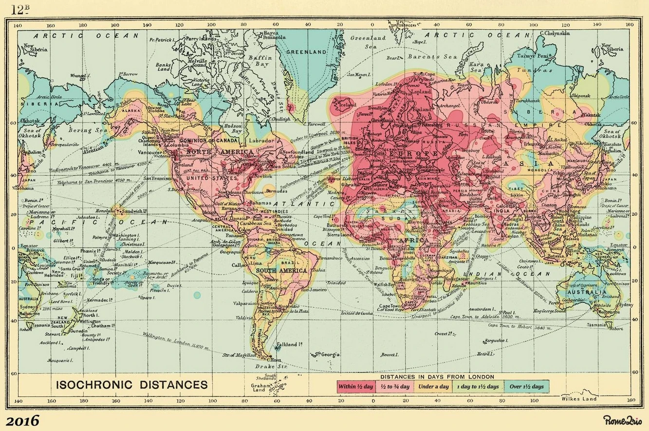 Isochronic map of travel times from london 2016